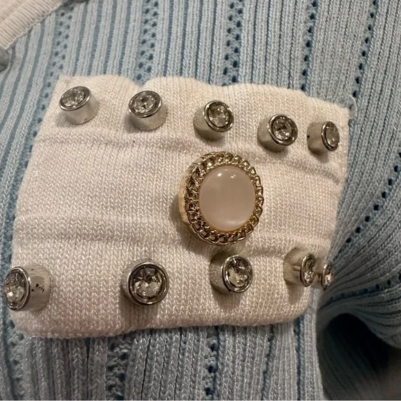 Baby Blue and White Knitted Cardigan With White Trim and Jewels - Picture 4 of 6